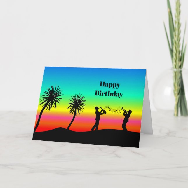 Tarjeta Silhouette Birthday, músicos tropicales del atarde (Anverso)