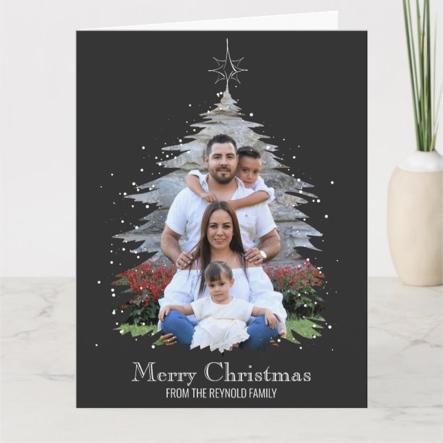 Tarjeta Silhouette, un árbol de navidad de moda, foto gris (Anverso)