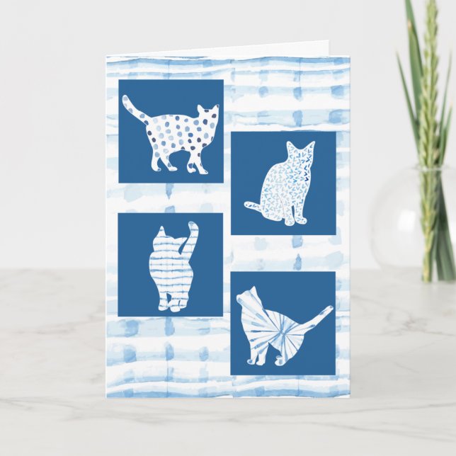 Tarjeta Silhouettes azul de gato shibori que se desmoronan (Anverso)