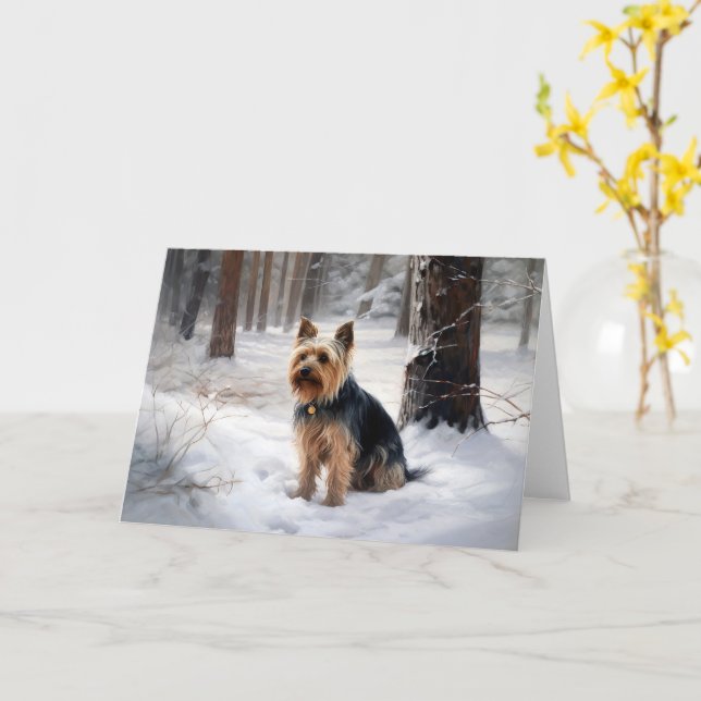 Tarjeta Silky Terrier deja que nieve Navidades (flor amarilla)