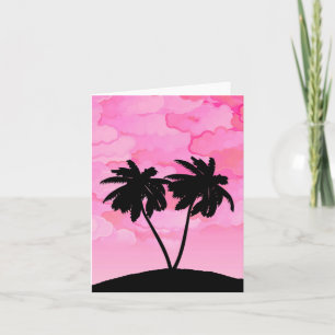 Tarjeta Silueta de árbol de palma contra el rosa del alba 