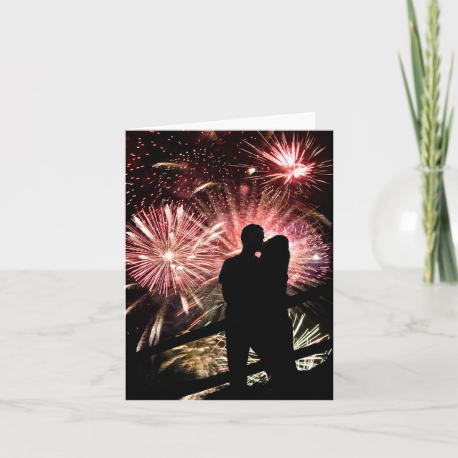 Tarjeta Silueta de besar a parejas de fuegos artificiales (Anverso)
