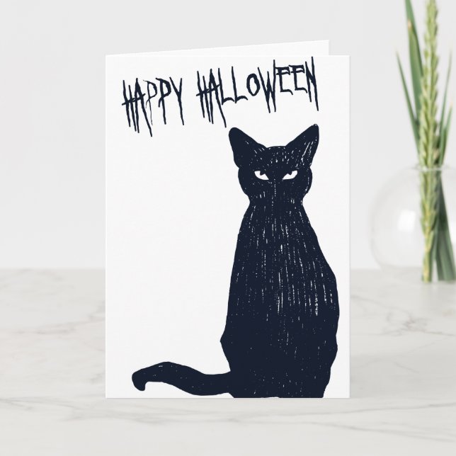 Tarjeta Silueta de gato negro de Halloween (Anverso)