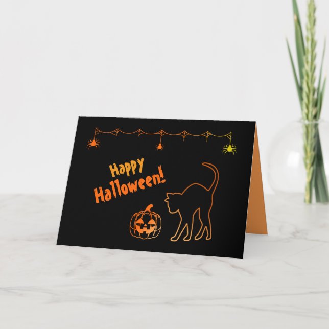 Tarjeta Silueta de gato negro y Halloween de Jack o'lanter (Anverso)