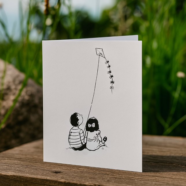 Tarjeta Silueta de niños volando una cometa (Subido por el creador)