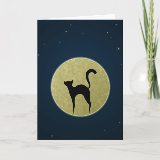 Tarjeta Silueta elegante de gato negro y luna (Anverso)