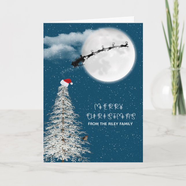 Tarjeta silueta Santa y reno a la luz de la luna (Anverso)