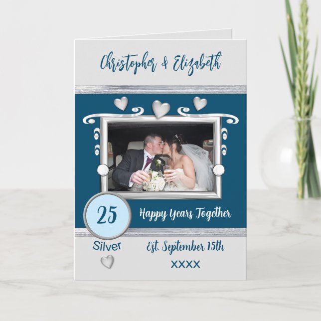 Tarjeta Silver 25° aniversario añada nombres de fotos azul (Anverso)