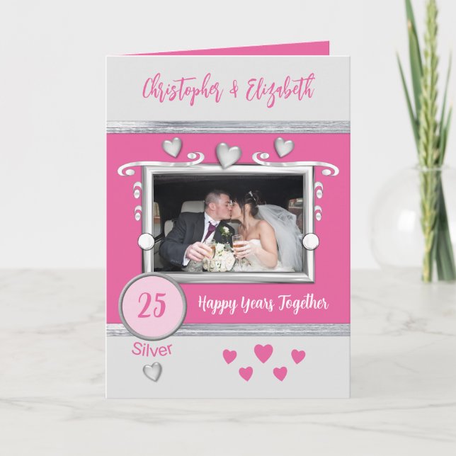 Tarjeta Silver 25° aniversario añada nombres de fotos rosa (Anverso)