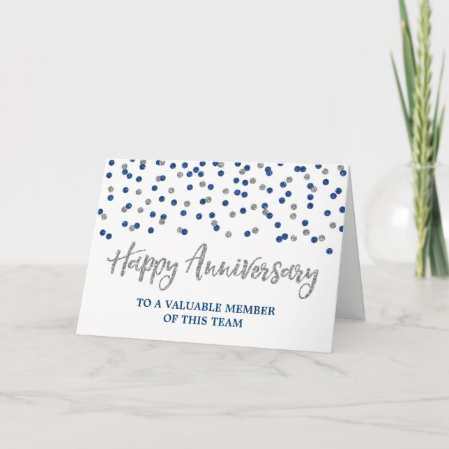 Tarjeta Silver Blue Confetti Employee Anniversary Card (Anverso)