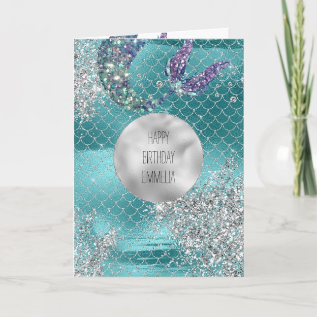 Tarjeta Silver Glitter Aqua Mermaid (Anverso)