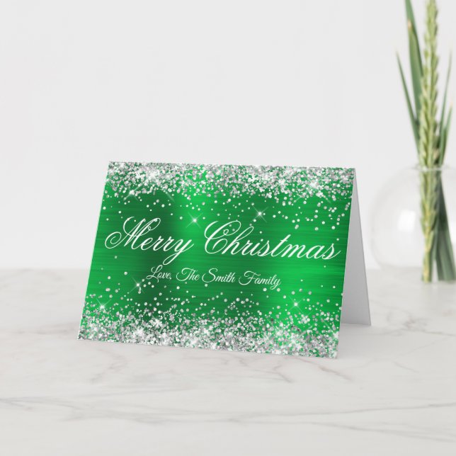 Tarjeta Silver Glitter Bright Green Foil Family Photo (Anverso)
