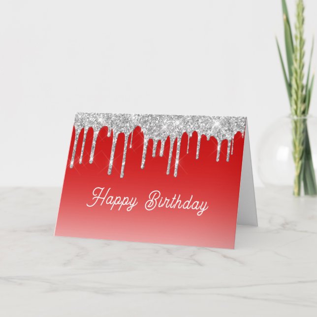 Tarjeta Silver Glitter Drip Red Background Birthday (Anverso)