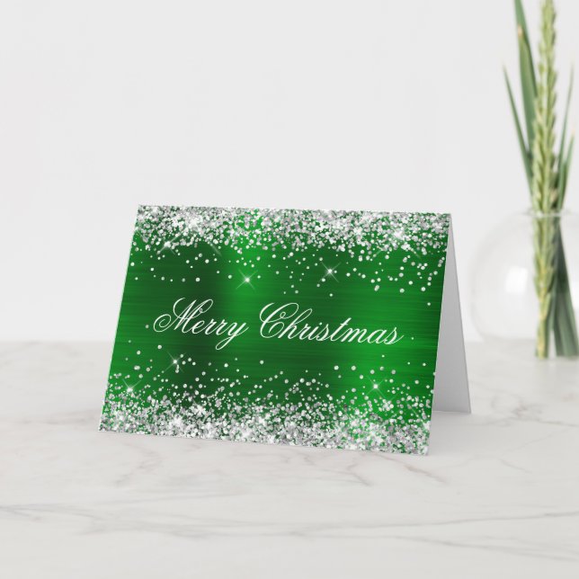 Tarjeta Silver Glitter Metallic Green Family Photo (Anverso)
