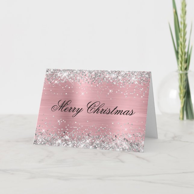 Tarjeta Silver Glitter Metallic Pink Family Photo (Anverso)
