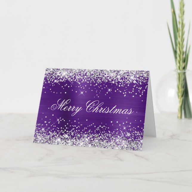 Tarjeta Silver Glitter Metallic Royal Purple Family Photo (Anverso)