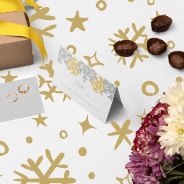 Tarjeta Silver Gold Snowflakes Winter Wedding Plac (Subido por el creador)