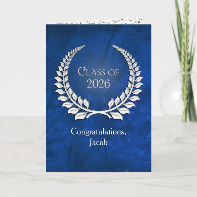 Tarjeta Silver Graduation 2026 Laurel Wreath On Blue (Anverso)