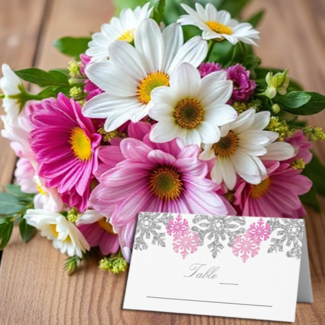 Tarjeta Silver Pink Snowflakes Winter Wedding Plac (Subido por el creador)