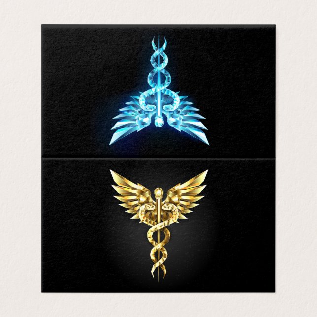 Tarjeta Símbolo Caduceo Poligonal Dorado (Exterior desplegado)