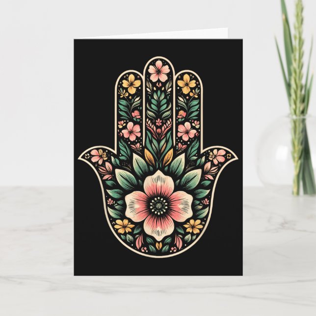 Tarjeta Símbolo Cool Hamsa Khamsa en estilo de arte floral (Anverso)