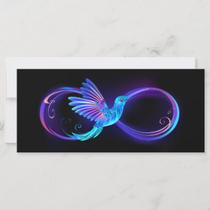 Tarjeta Símbolo de infinito de neón con colibrí luminoso