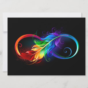 Tarjeta Símbolo infinito con plumas arcoiris