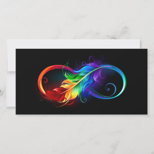 Tarjeta Símbolo infinito con plumas arcoiris