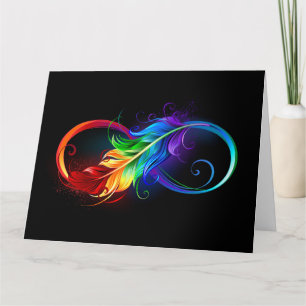 Tarjeta Símbolo infinito con plumas arcoiris