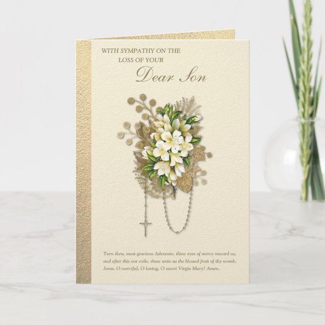 Tarjeta Simpatía católica Condolencia Floral Rosario Hijo (Anverso)