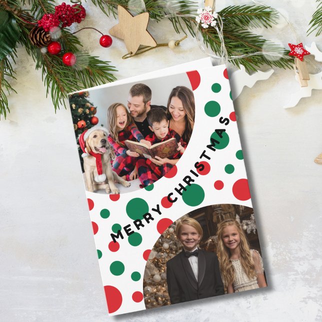 Tarjeta Simple 2 Photo Christmas Green and Red Dots (Subido por el creador)