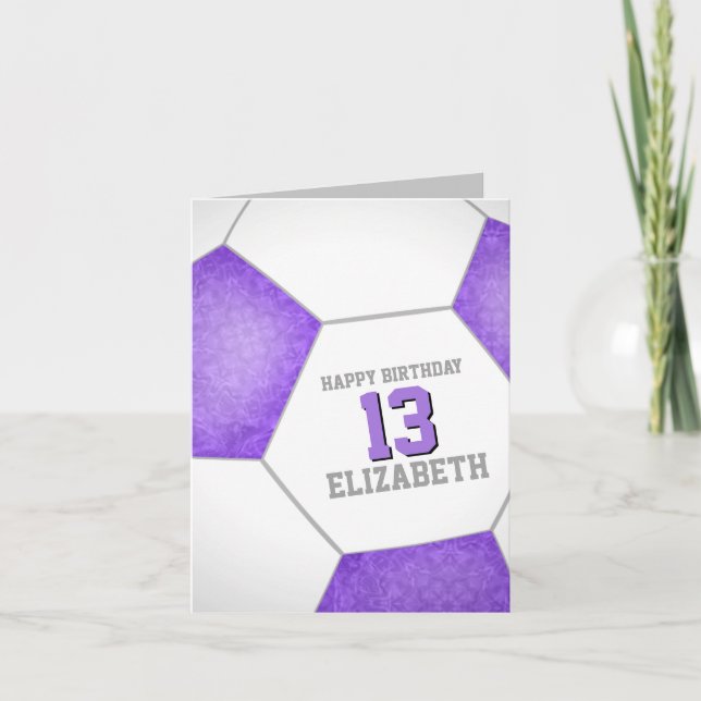 Tarjeta simple bola de fútbol blanco púrpura feliz cumplea (Anverso)