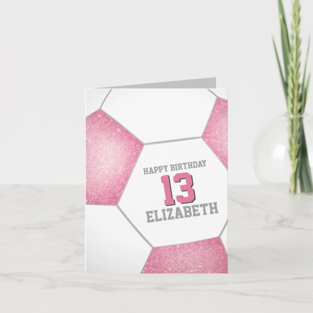 Tarjeta simple bola de fútbol blanco rosa feliz cumpleaños (Anverso)