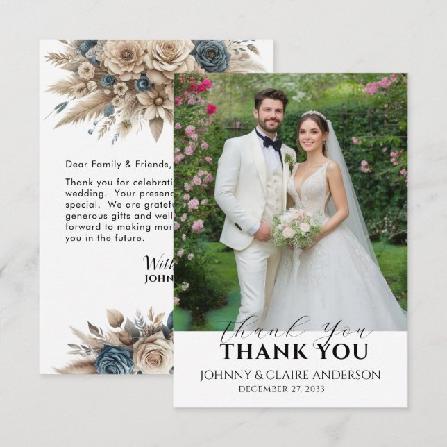 Tarjeta Simple de Agradecimiento de Boda con Foto  (Anverso / Reverso)
