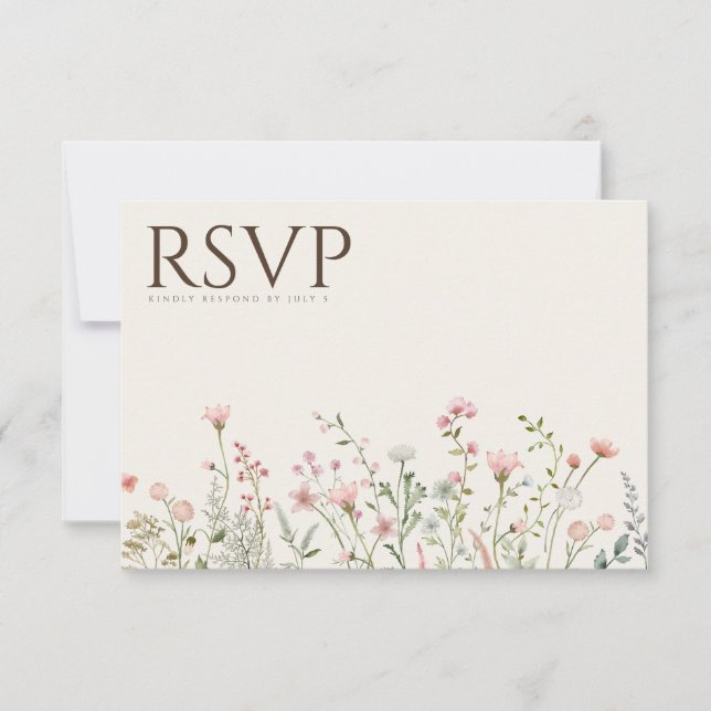 Tarjeta simple de Boda Boho Wildflower Beige RSVP (Anverso)