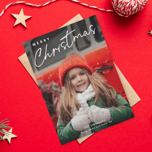 Tarjeta Simple de Feliz Navidad 3 Fotos  (Simple Merry Christmas Script 3 Photo Holiday Card.)