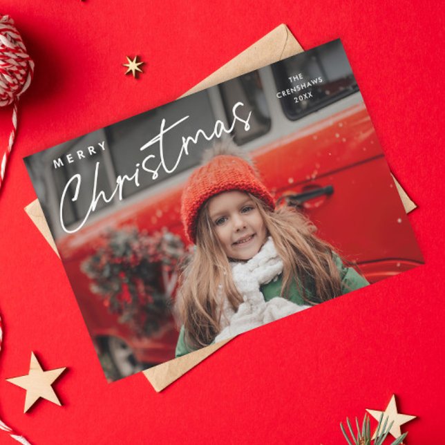Tarjeta Simple de Feliz Navidad 3 Fotos  (Simple Script 3 Photo Christmas Holiday Card.)