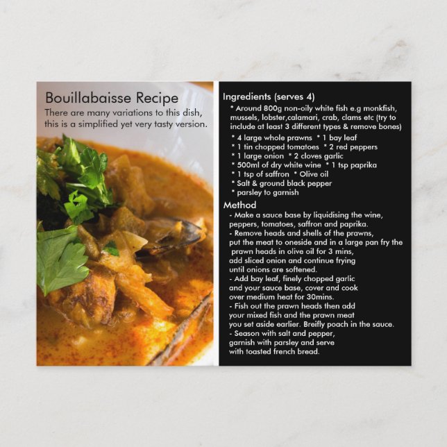 Tarjeta simple de receta de Bouillabaisse (Anverso)