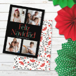 Tarjeta Simple Feliz Navidad Black White Red Card<br><div class="desc">Estas elegantes tarjetas minimalistas de 5" x 7" para el año nuevo muestran el saludo, "Feliz Navidad" en letras rojas, verdes y blancas en un fondo negro con marcadores de posición para que agregues tus nombres, año y cuatro de tus fotos favoritas. La parte trasera tiene un diseño floral caprichoso...</div>