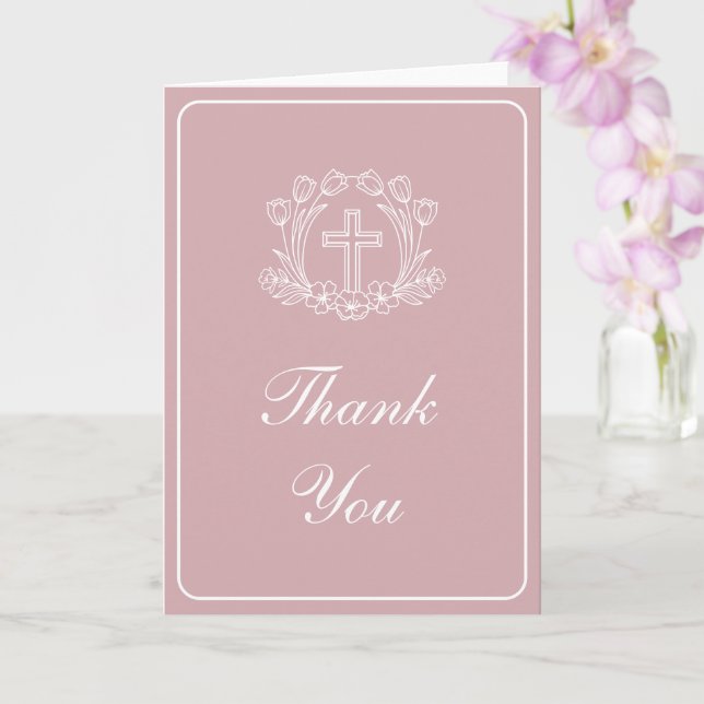 Tarjeta Simple Floral Cross on Pink Religious Thank You (Orquídea)