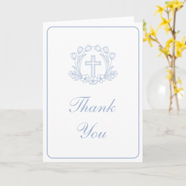Tarjeta Simple Floral Light Blue Cross Religious Thank You (flor amarilla)