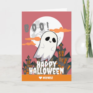 Tarjeta Simple Happy Halloween familia fantasma y amigos