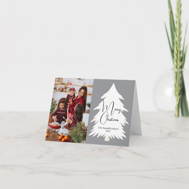 Tarjeta Simple Merry Christmas Pine Tree family photo (Anverso)
