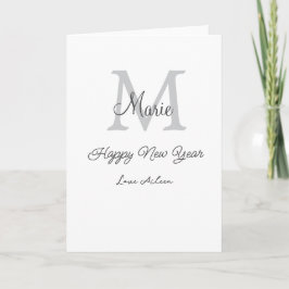 Tarjeta simple minimal happy new year monogram gray name 