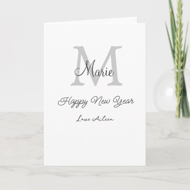 Tarjeta simple minimal happy new year monogram gray name  (Anverso)