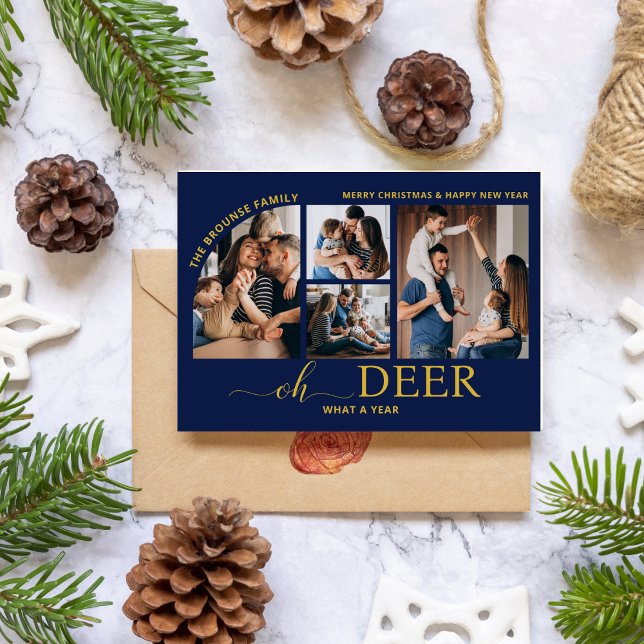 Tarjeta Simple Oh ciervo qué un año Navidades de Collage d (Simple Oh Deer What a Year Photo Collage Christmas Card)