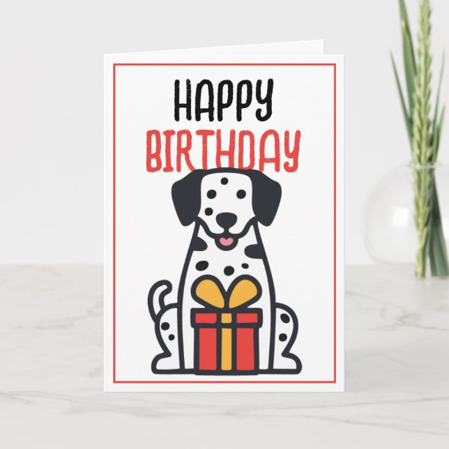 Tarjeta Simple perro dálmata con caja de regalo Cumpleaños (Anverso)