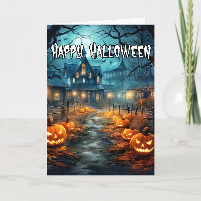 Tarjeta Siniestras calabazas atormentan la casa Feliz Hall (Anverso)