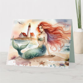 Tarjeta Sirena acuarela junto a la orilla del faro