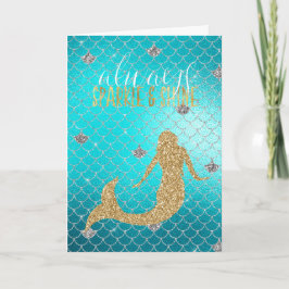 Tarjeta Sirena Aqua Dorado Plateado Brillo Purpurina